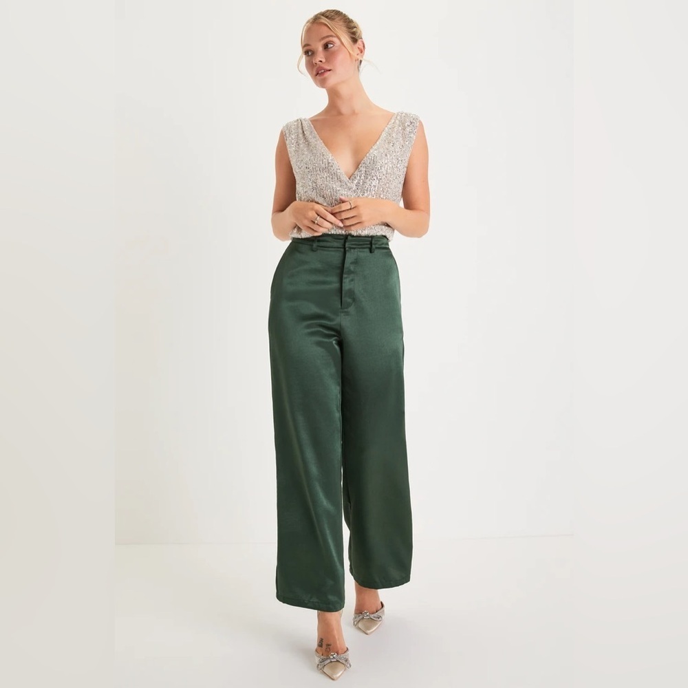 Lulus Sleek Statement Emerald Green Satin High Rise Wide-Leg Trousers large nwt